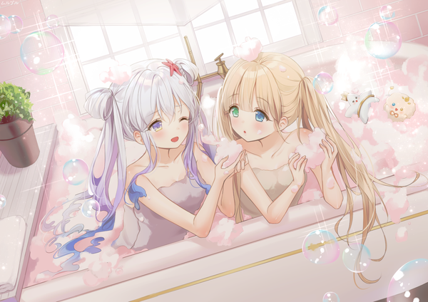 Anime-Bild 1412x1000 mit original haruri long hair blush open mouth blue eyes blonde hair twintails green eyes silver hair one eye closed sparkle heterochromia naked towel girl bubble (bubbles) towel bath suds