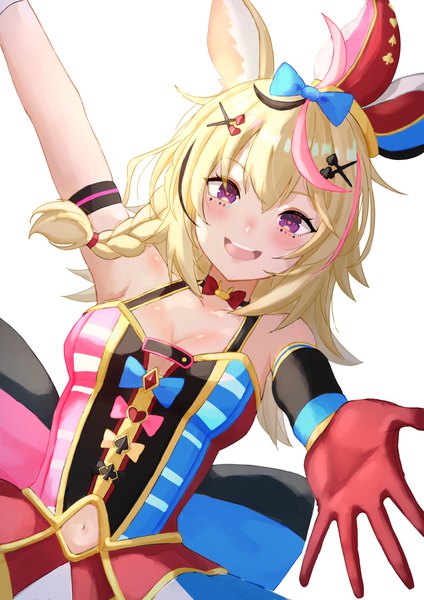 Anime picture 2894x4093 with virtual youtuber hololive omaru polka 6mint single long hair tall image looking at viewer blush fringe highres open mouth blonde hair hair between eyes purple eyes animal ears cleavage upper body braid (braids) :d