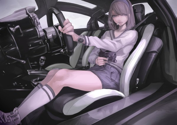 Anime picture 1433x1013 with original pagani koh (minagi kou) single looking at viewer fringe short hair sitting purple eyes holding purple hair bent knee (knees) smoke mechanical car interior girl skirt weapon socks gun