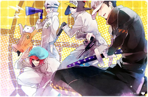 Anime picture 1000x656 with one piece toei animation tagme (character) trafalgar law bepo penguin (one piece) shachi (one piece) 846kazuya short hair open mouth black hair silver hair red hair profile multiple boys hand in pocket salute ready to draw boy weapon