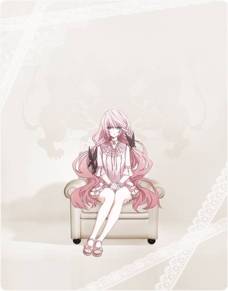 Anime picture 800x1018 with original aeonmama single long hair tall image looking at viewer fringe hair between eyes sitting pink hair full body braid (braids) bare legs heterochromia girl dress hair ornament choker insect butterfly