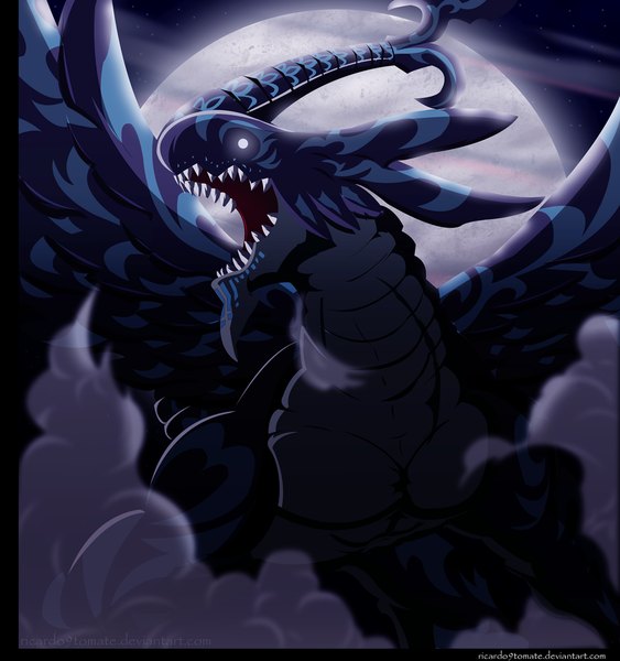 Anime picture 1200x1278 with fairy tail acnologia ric9duran single tall image open mouth cloud (clouds) tail horn (horns) teeth night sky coloring smoke sharp teeth demon blank eyes animal wings full moon dragon