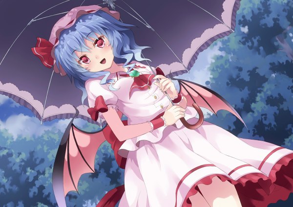 Anime picture 1200x848 with touhou remilia scarlet rasahan (artist) single blush short hair open mouth red eyes blue hair girl dress skirt wings umbrella bonnet skirt set