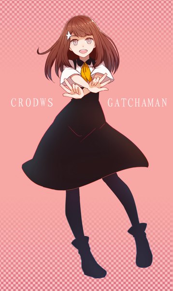 Anime picture 883x1477 with gatchaman crowds tatsunoko ichinose hajime jun (goodgun7) single long hair tall image looking at viewer fringe open mouth brown hair grey eyes copyright name victory pink background girl uniform hair ornament school uniform pantyhose