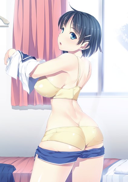 Anime picture 844x1200 with sword art online a-1 pictures kirigaya suguha homura k single tall image blush short hair breasts open mouth blue eyes light erotic black hair large breasts back girl underwear panties shorts