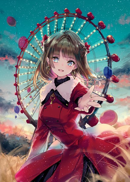 Anime picture 755x1057 with original kinokohime single long hair tall image looking at viewer blush fringe open mouth blue eyes smile brown hair standing sky cloud (clouds) outdoors braid (braids) long sleeves head tilt :d