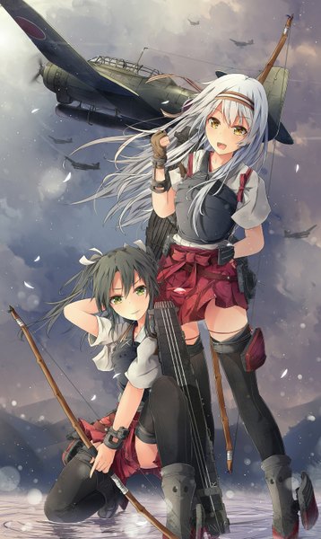 Anime picture 951x1591 with kantai collection shoukaku aircraft carrier zuikaku aircraft carrier jenson tw long hair tall image looking at viewer blush fringe open mouth black hair standing twintails multiple girls holding green eyes yellow eyes looking away sky bent knee (knees)
