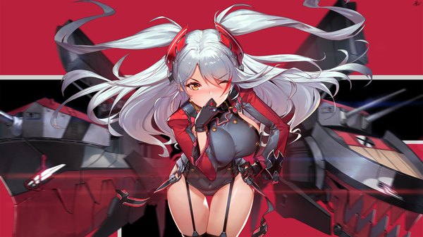 Anime picture 1920x1080 with azur lane prinz eugen (azur lane) duan henglong single long hair looking at viewer fringe highres breasts light erotic hair between eyes wide image large breasts signed yellow eyes payot one eye closed wink grey hair leaning