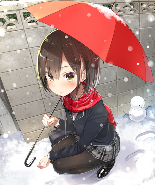 Anime picture 1584x1880 with original greatmosu single tall image looking at viewer blush fringe short hair smile brown hair brown eyes full body outdoors from above plaid skirt snowing snow squat footprints girl