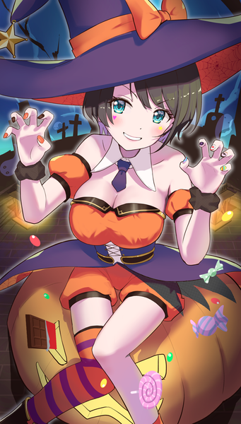 Anime picture 728x1280 with virtual youtuber hololive oozora subaru taachika single tall image looking at viewer short hair breasts light erotic black hair smile large breasts sitting cleavage nail polish aqua eyes grin halloween claw pose