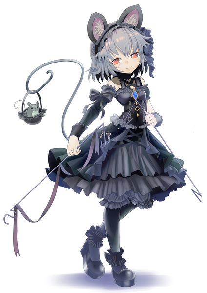 Anime picture 1280x1810 with touhou nazrin ishikkoro single tall image looking at viewer fringe short hair simple background smile red eyes standing white background holding animal ears full body tail animal tail grey hair alternate costume