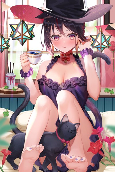 Anime picture 6000x9000 with virtual youtuber indie virtual youtuber isonade orca amahara subaru single tall image looking at viewer blush fringe highres short hair breasts open mouth light erotic black hair hair between eyes red eyes large breasts sitting holding