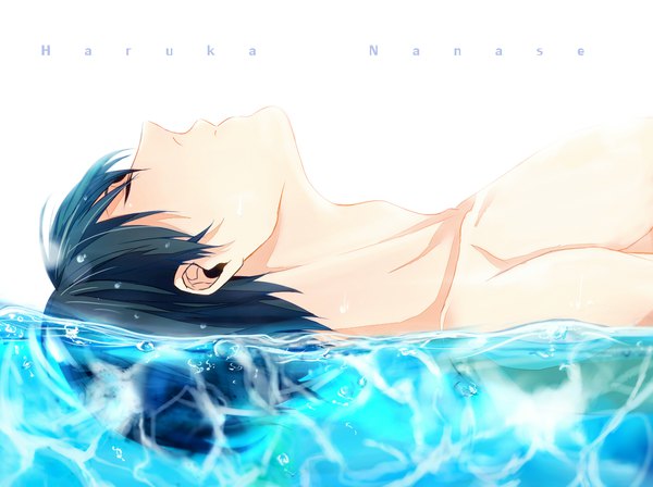 Anime picture 1296x968 with free! kyoto animation nanase haruka (free!) heine (pixiv829991) single short hair black hair simple background white background bare shoulders eyes closed profile on back character names partially submerged afloat swimming boy water