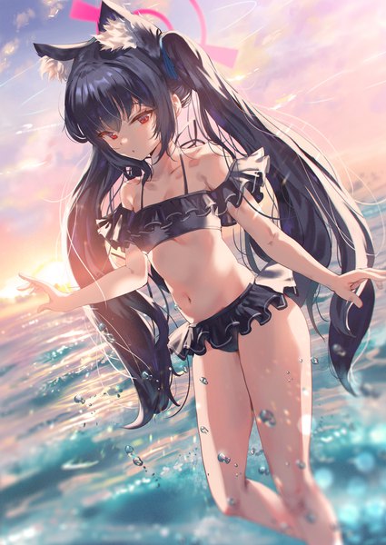 Anime picture 1400x1978 with blue archive serika (blue archive) serika (swimsuit) (blue archive) shuru y single long hair tall image looking at viewer blush fringe open mouth light erotic black hair hair between eyes red eyes standing twintails animal ears sky cloud (clouds)