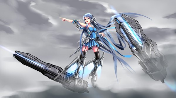 Anime picture 2000x1125 with original paraselene single highres open mouth blue eyes wide image blue hair sky very long hair flying pointing mechanical mecha musume girl thighhighs skirt ribbon (ribbons) black thighhighs