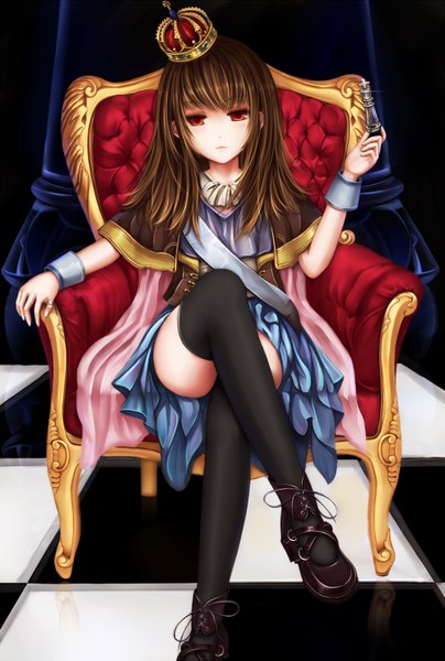 Anime picture 1000x1483 with original aaeru single long hair tall image looking at viewer red eyes brown hair crossed legs checkered floor floor girl thighhighs dress black thighhighs crown armchair chess