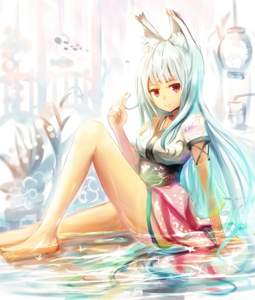 Anime picture 1000x1176 with original sakura ani single long hair tall image looking at viewer red eyes animal ears white hair traditional clothes barefoot legs girl dress