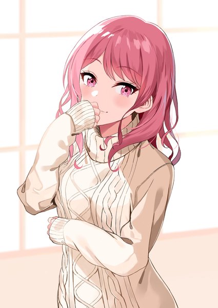Anime picture 1330x1876 with bang dream! maruyama aya asato (fadeless) single long hair tall image looking at viewer blush fringe smile pink hair upper body long sleeves pink eyes sleeves past wrists covered mouth girl sweater