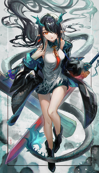 Anime picture 2724x4745 with arknights dusk (arknights) syukonbu single long hair tall image looking at viewer fringe highres black hair red eyes tail horn (horns) pointy ears hair over one eye bare legs dragon girl dragon tail girl weapon