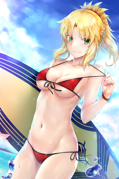 Anime-Bild 4000x6000 mit fate (series) fate/grand order mordred (fate) mordred (swimsuit rider) (fate) rei kun single long hair tall image looking at viewer blush fringe highres breasts light erotic blonde hair smile large breasts standing bare shoulders holding