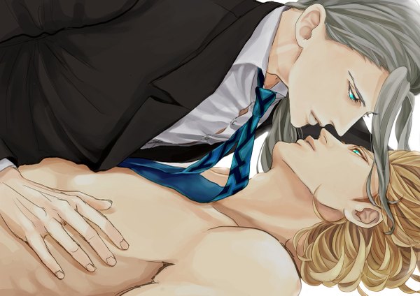 Anime picture 1200x849 with tiger & bunny sunrise (studio) barnaby brooks jr. yuri petrov kuz long hair short hair light erotic simple background blonde hair white background bare shoulders green eyes lying aqua eyes grey hair multiple boys topless face to face shounen ai