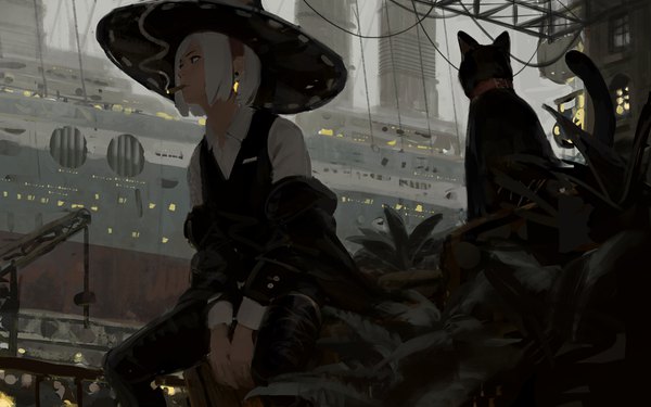 Anime picture 4096x2560 with original guweiz single fringe highres short hair sitting looking away absurdres bent knee (knees) outdoors white hair long sleeves black eyes realistic off shoulder from below city glowing smoke