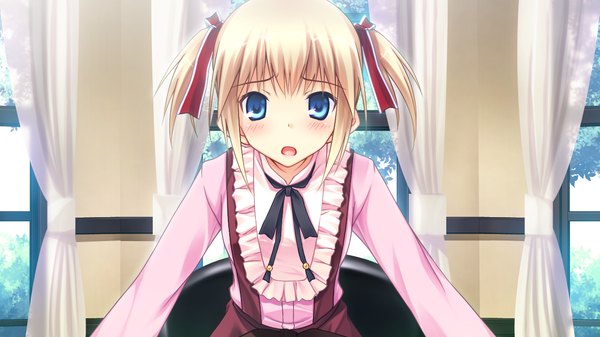 Anime picture 1280x720 with himitsu no otome single blush short hair open mouth blue eyes blonde hair wide image twintails game cg loli short twintails girl dress ribbon (ribbons) hair ribbon