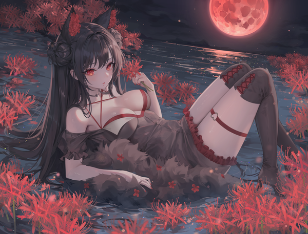 Anime picture 4672x3561 with original chomong single long hair looking at viewer fringe highres breasts light erotic black hair red eyes large breasts holding animal ears absurdres full body very long hair off shoulder night hair bun (hair buns)