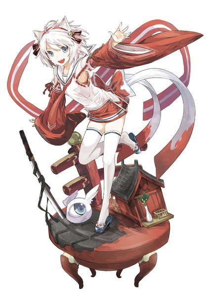 Anime-Bild 1200x1678 mit original yumeko (tokiti) single tall image fringe blue eyes standing animal ears white hair traditional clothes japanese clothes wide sleeves teeth fang (fangs) leg up girl thighhighs weapon white thighhighs sword