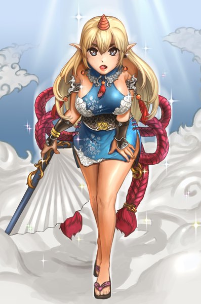 Anime picture 2850x4302 with original supullim single long hair tall image fringe highres breasts open mouth blue eyes blonde hair large breasts traditional clothes horn (horns) fingernails pointy ears leaning leaning forward legs chinese clothes