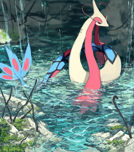 Anime picture 1091x1236 with pokemon nintendo milotic pippi (pixiv 1922055) single tall image looking at viewer partially submerged gen 3 pokemon water stone (stones) pokemon (creature)
