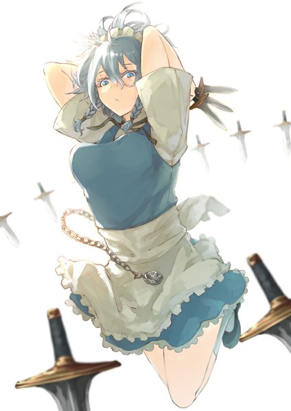 Anime picture 719x1017 with touhou izayoi sakuya fujinohara akihira single tall image looking at viewer short hair blue eyes simple background white background braid (braids) grey hair maid twin braids jumping girl weapon socks shoes headdress