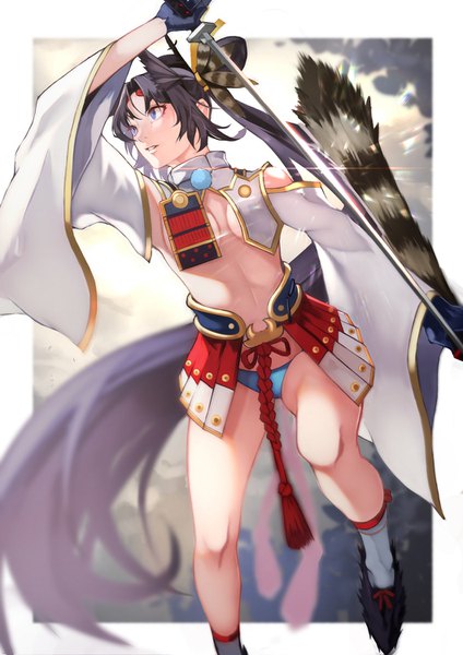 Anime picture 1060x1500 with fate (series) fate/grand order ushiwakamaru (fate) yoshio (55level) single tall image breasts blue eyes light erotic black hair looking away very long hair no bra side ponytail border fighting stance girl underwear panties weapon