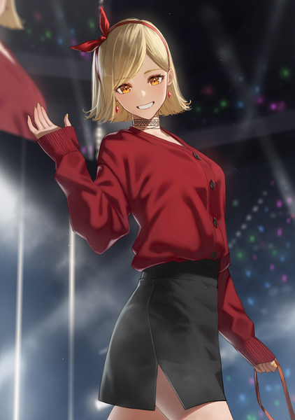 Anime picture 2079x2953 with original kunitomi ryouka hara kenshi single tall image looking at viewer fringe highres short hair blonde hair smile holding long sleeves head tilt arm up blurry orange eyes grin sleeves past wrists side slit