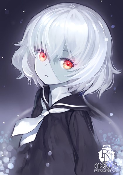 Anime picture 700x1000 with zombie land saga mappa konno junko capriccio single tall image looking at viewer fringe short hair hair between eyes red eyes signed silver hair upper body from above zombie girl uniform serafuku