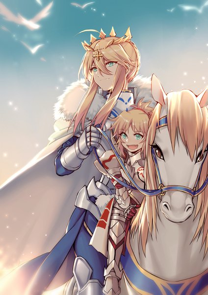Anime picture 2308x3264 with fate (series) fate/grand order fate/apocrypha artoria pendragon (all) mordred (fate) artoria pendragon (lancer) yorukun long hair tall image fringe highres short hair blonde hair hair between eyes multiple girls green eyes payot looking away sky ahoge