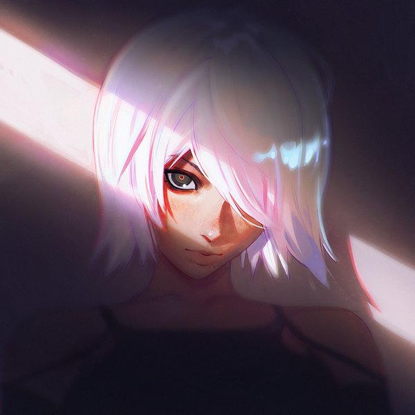 Anime picture 1080x1080 with nier nier:automata yorha type a no. 2 ilya kuvshinov single looking at viewer fringe short hair bare shoulders white hair black eyes hair over one eye mole shadow light shaded face alternate hairstyle mole under mouth against wall alternate hair length