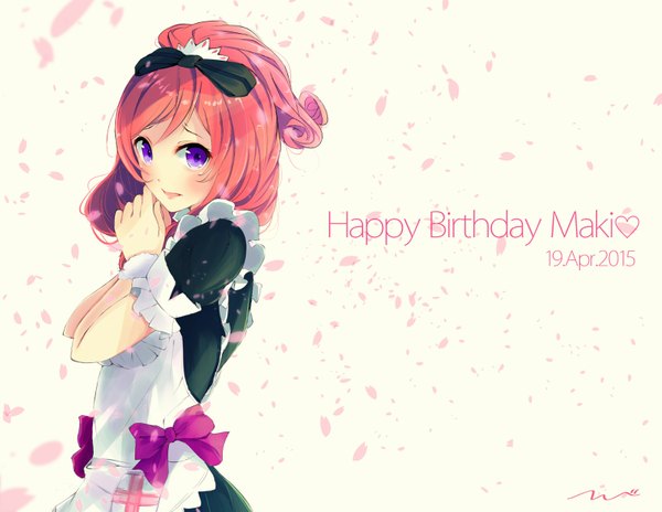 Anime picture 1599x1237 with love live! school idol project sunrise (studio) love live! nishikino maki tebi (tbd11) single looking at viewer blush fringe short hair purple eyes signed pink hair parted lips inscription maid dated happy birthday girl uniform