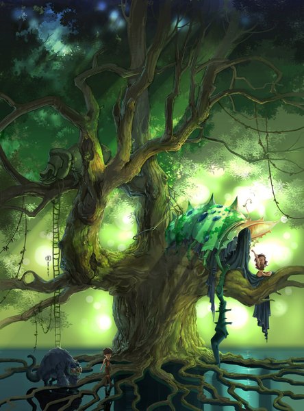 Anime picture 1111x1500 with mugon tall image plant (plants) tree (trees) water insect child (children) monster ladder roots