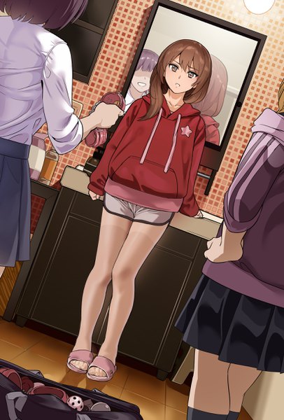 Anime picture 1648x2435 with original yewang20 long hair tall image looking at viewer fringe short hair blonde hair brown hair multiple girls brown eyes full body indoors long sleeves parted lips pleated skirt dutch angle sleeves past wrists reflection star print