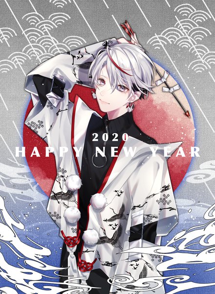 Anime picture 3131x4273 with original hi syoku single tall image fringe highres short hair hair between eyes looking away absurdres silver hair upper body multicolored hair arm up mole grey eyes streaked hair mole under eye new year animal print