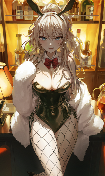 Anime picture 1500x2498 with original kellymonica02 single long hair tall image looking at viewer blush breasts open mouth blue eyes light erotic blonde hair large breasts standing animal ears cleavage indoors long sleeves nail polish :d
