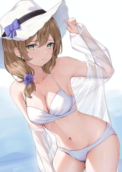Anime picture 2363x3346 with genshin impact lisa (genshin impact) rosumerii single long hair tall image looking at viewer blush fringe highres breasts light erotic hair between eyes brown hair large breasts green eyes cleavage hair flower off shoulder leaning