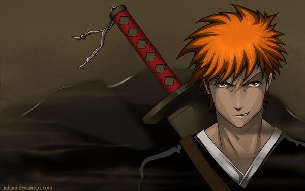 Anime picture 1440x900 with bleach studio pierrot kurosaki ichigo juhani (artist) single looking at viewer short hair simple background smile wide image brown eyes traditional clothes japanese clothes orange hair brown background smirk dust boy weapon sword