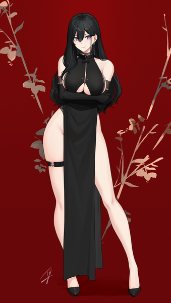 Anime picture 1888x3340 with original classy-black-haired girl (hayabusa) hayabusa single long hair tall image looking at viewer fringe highres breasts light erotic black hair smile hair between eyes large breasts standing purple eyes bare shoulders cleavage traditional clothes