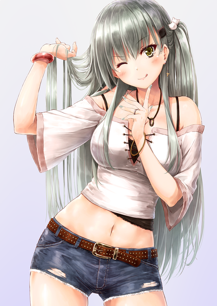 Anime picture 967x1365 with kantai collection suzuya heavy cruiser suien single long hair tall image looking at viewer blush fringe simple background hair between eyes standing yellow eyes nail polish one eye closed fingernails green hair wink grey background one side up