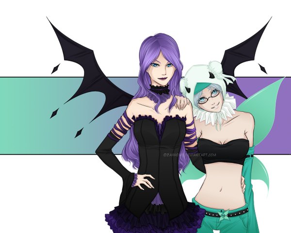 Anime picture 1210x971 with original zahhomii long hair looking at viewer blue eyes simple background smile standing bare shoulders multiple girls silver hair horn (horns) grey hair midriff couple hand on hip hug bat wings insect wings butterfly wings