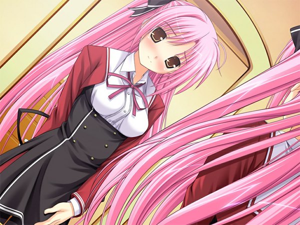 Anime picture 1024x768 with maikuro (game) long hair blush brown eyes pink hair game cg girl serafuku