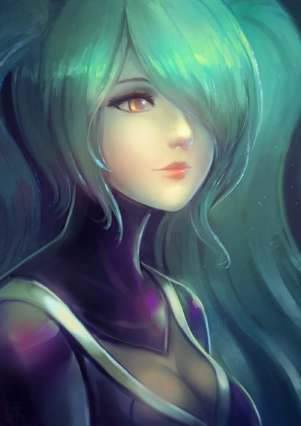Anime picture 818x1157 with league of legends sona buvelle cubehero single long hair tall image fringe breasts twintails blue hair looking away cleavage green hair lips hair over one eye close-up eyebrows multicolored eyes girl bodysuit