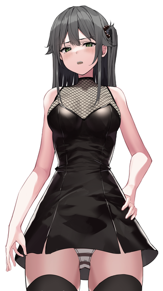 Anime-Bild 1968x3507 mit original apple ringo single long hair tall image looking at viewer blush fringe highres breasts open mouth light erotic black hair simple background hair between eyes standing white background bare shoulders green eyes from below